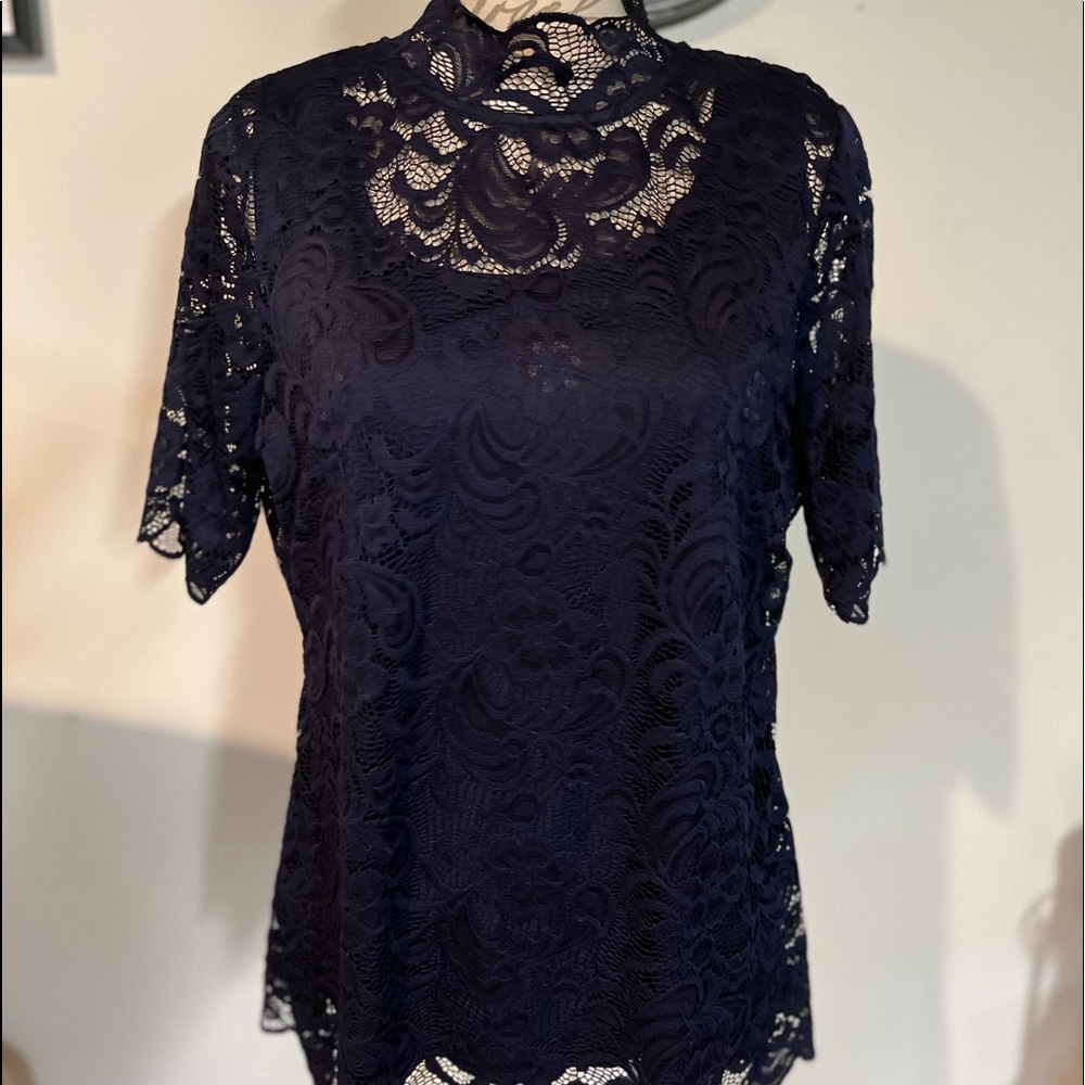 Isaac Mizrahi Live Floral Lace Blouse Navy Women's L